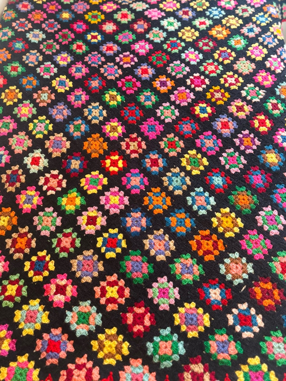Vintage Granny Square Crochet Afghan Black Colorful Floral 54x69 Handmade